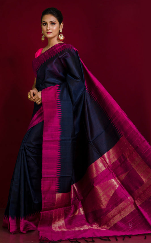 Handwoven Tussar Raw Silk Saree in Midnight Blue and Magenta with Rich Pallu