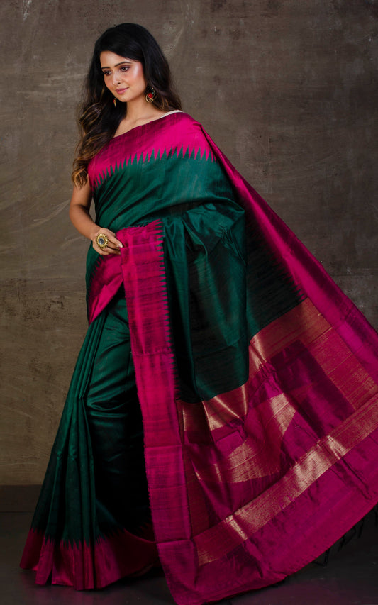 Handwoven Tussar Raw Silk Saree in Phthalo Green and Magenta with Rich Pallu