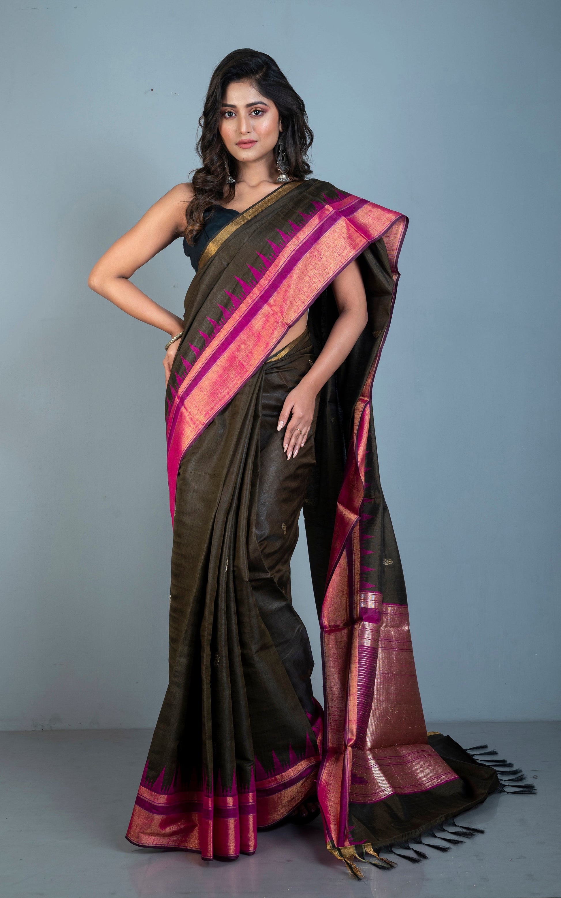 Handwoven Crowned Temple Border Tussar Raw Silk Saree in Snuff Brown and Dark Purple with Rich Pallu