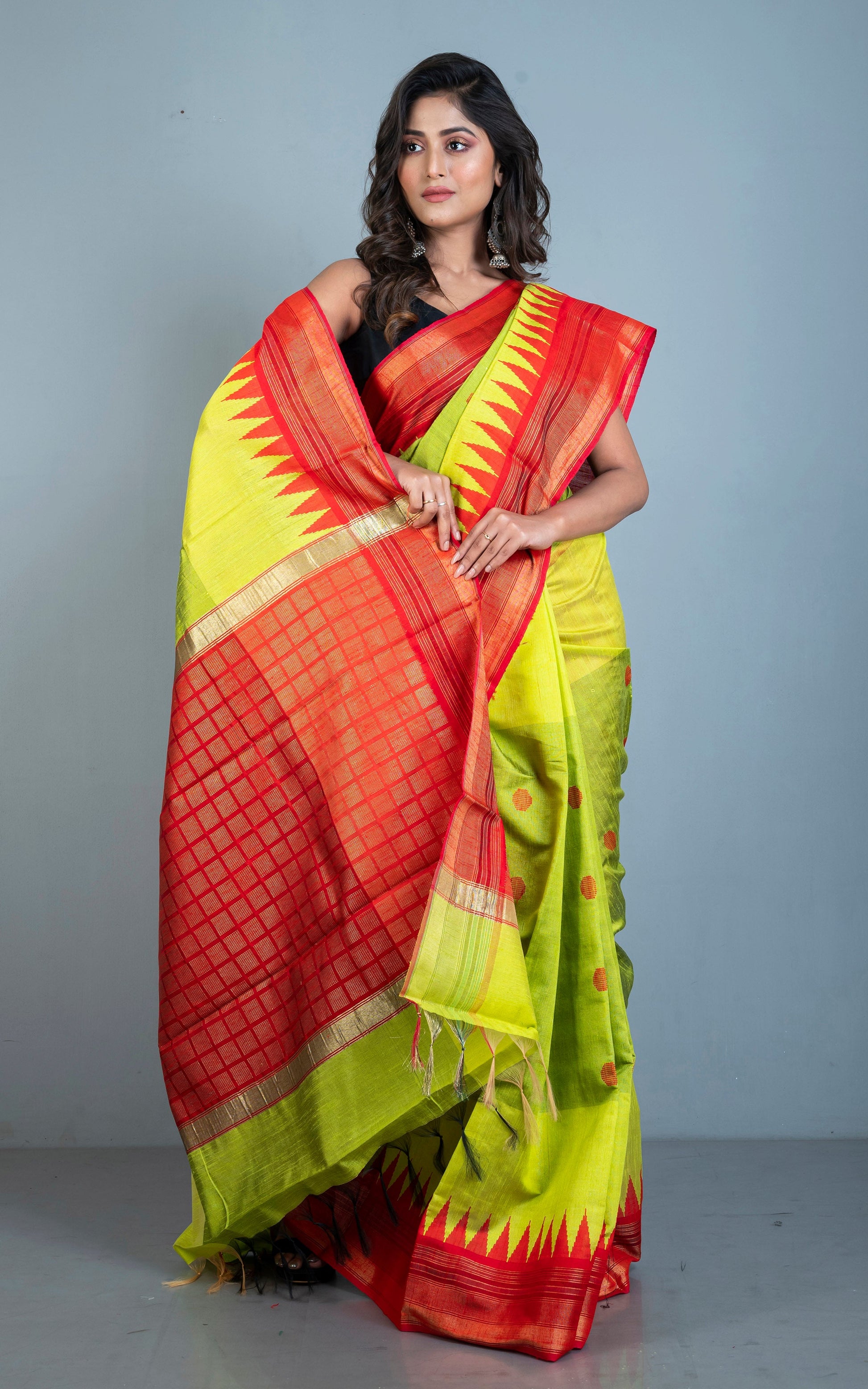Dual Tone Dupion Raw Silk Saree in Green Yellow and Red with Rich Pallu