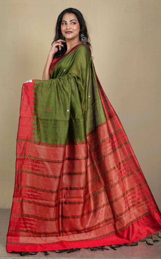 Handwoven Tussar Raw Silk Saree in Olive Green and Red Brown with Rich Pallu