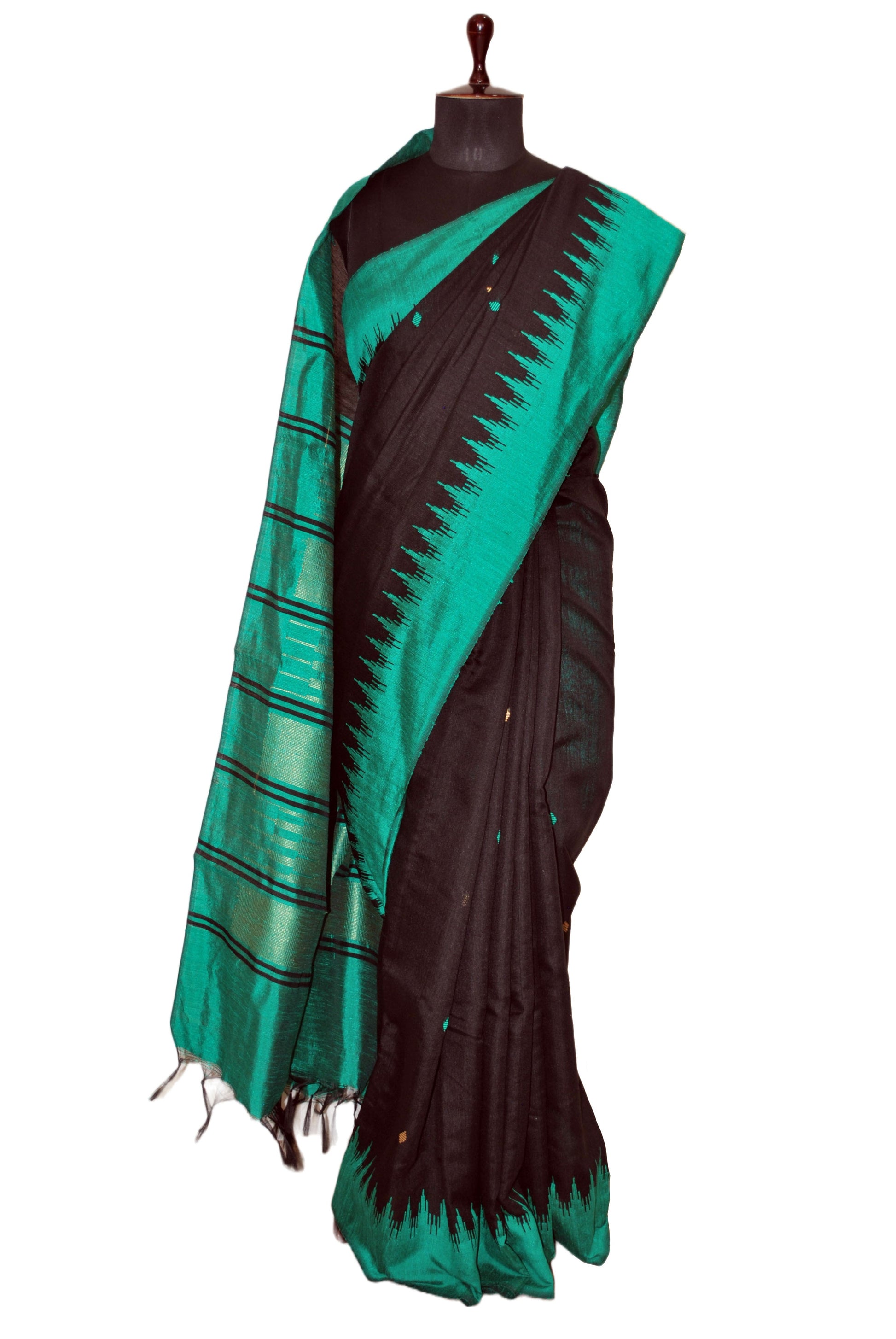 Handwoven Tussar Raw Silk Saree in Black and Persian Green with Rich Pallu
