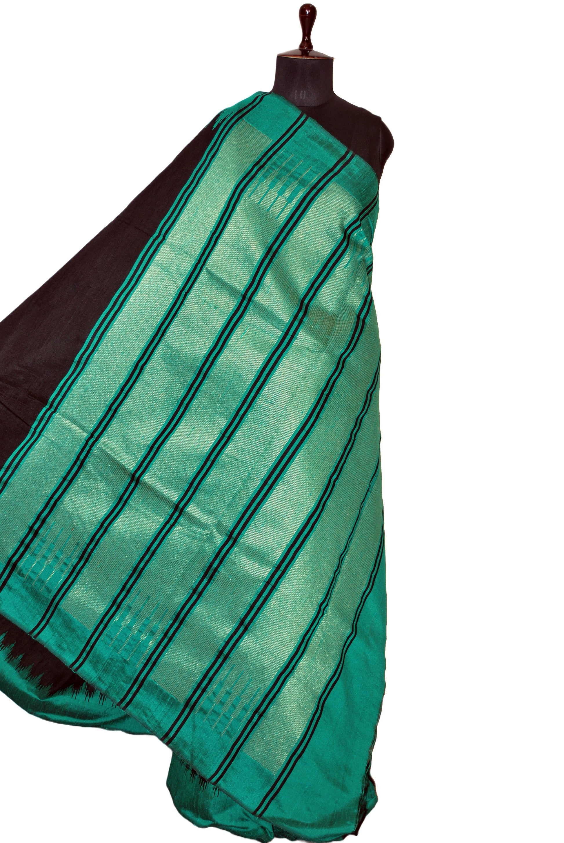 Handwoven Tussar Raw Silk Saree in Black and Persian Green with Rich Pallu