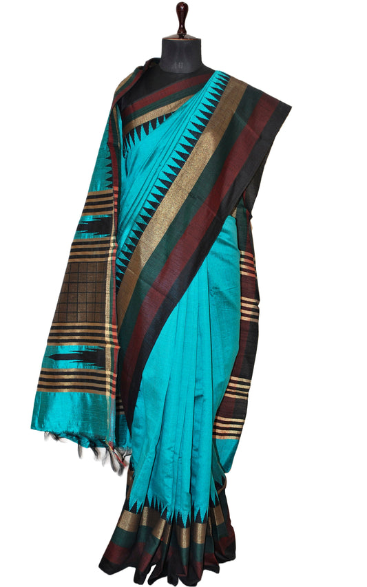 Metro Temple Border Handwoven Tussar Raw Silk Saree in Tiffany Blue, Garnet, Dark Green, Black and Matt Gold with Rich Pallu