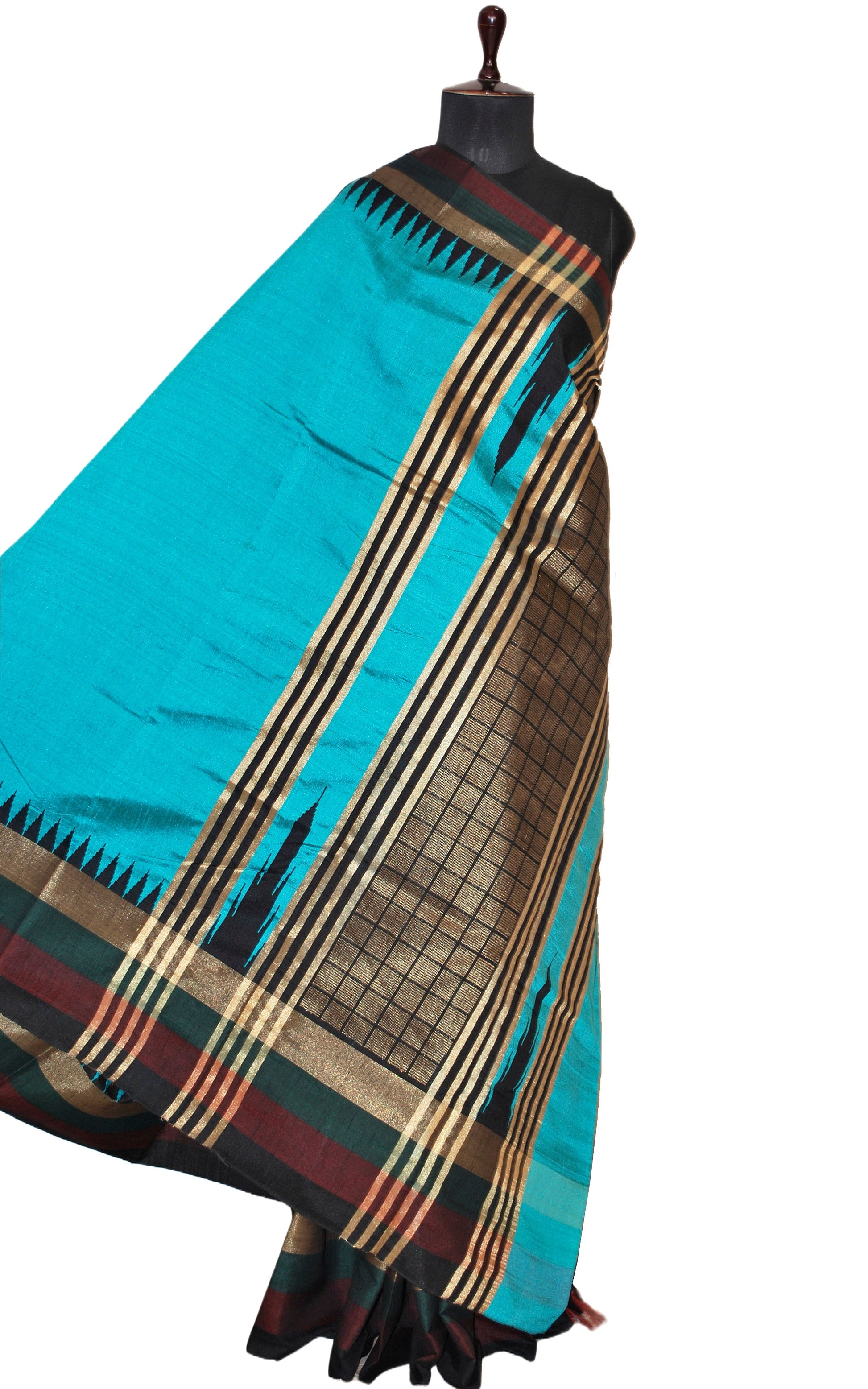 Metro Temple Border Handwoven Tussar Raw Silk Saree in Tiffany Blue, Garnet, Dark Green, Black and Matt Gold with Rich Pallu