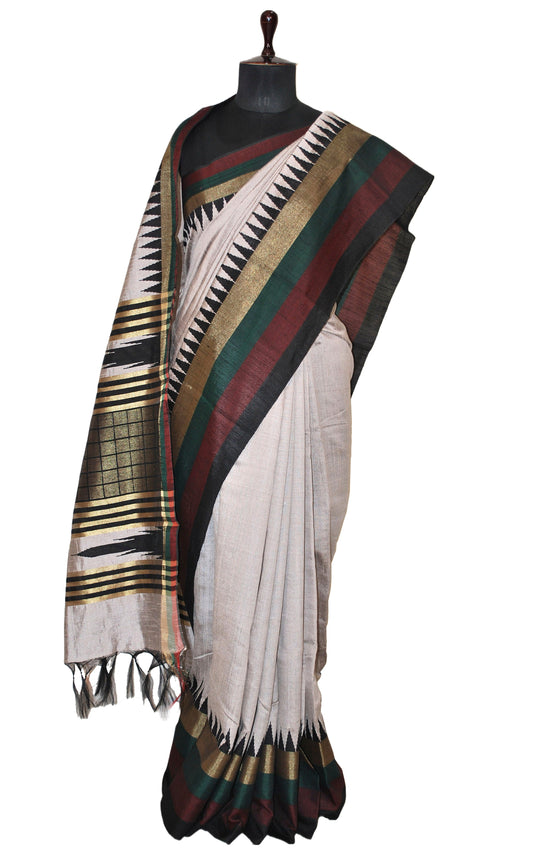 Metro Temple Border Handwoven Tussar Raw Silk Saree in Pale Smoke White, Garnet, Bottle Green, Black and Matt Gold with Rich Pallu