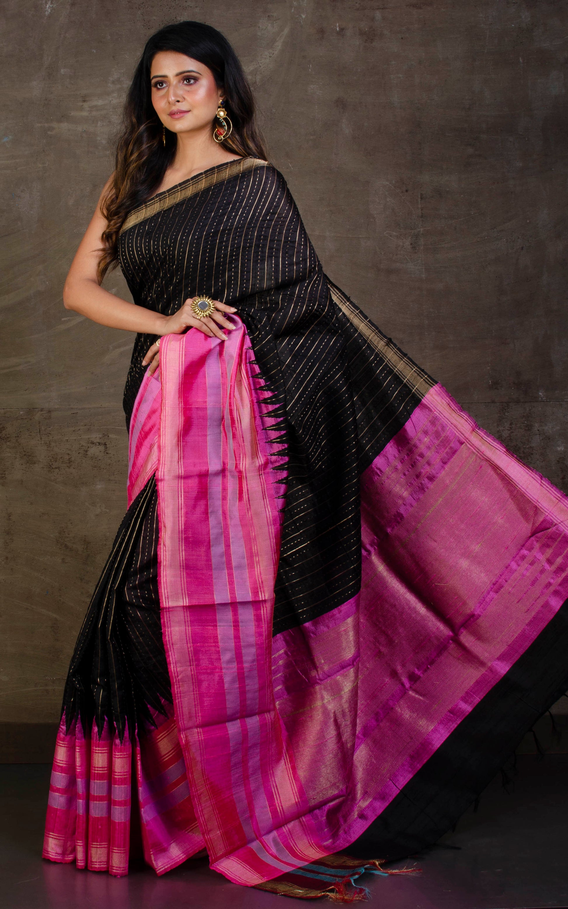 Handwoven Tussar Raw Silk Saree in Black, Pink and Purple