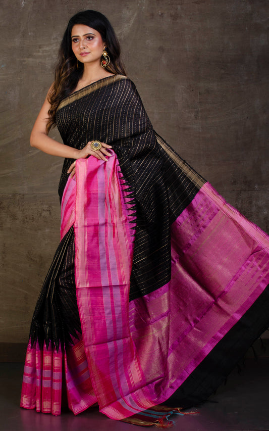Handwoven Tussar Raw Silk Saree in Black, Pink and Purple