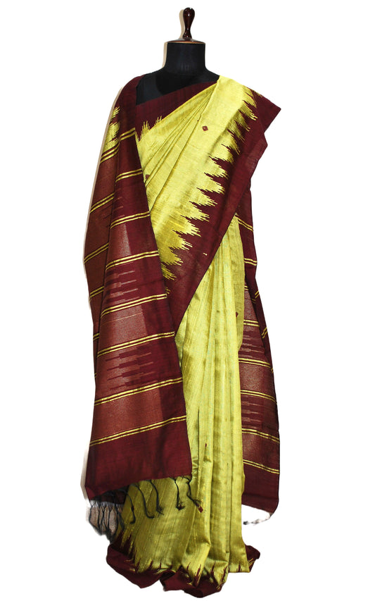 Handwoven Tussar Raw Silk Saree in Titanium Yellow and Garnet with Rich Pallu