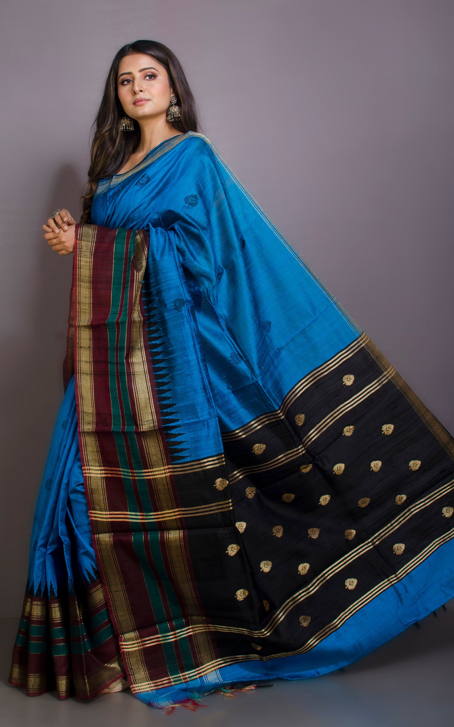 Handwoven Tussar Raw Silk Saree in Blue, Mahogany Brown, Teal, Black and Brush Gold with Rich Pallu