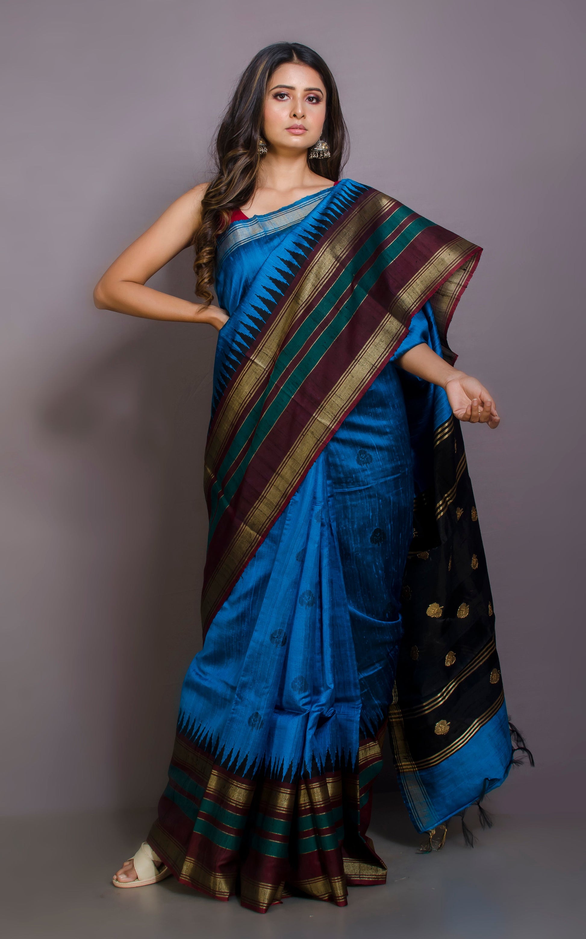 Handwoven Tussar Raw Silk Saree in Blue, Mahogany Brown, Teal, Black and Brush Gold with Rich Pallu