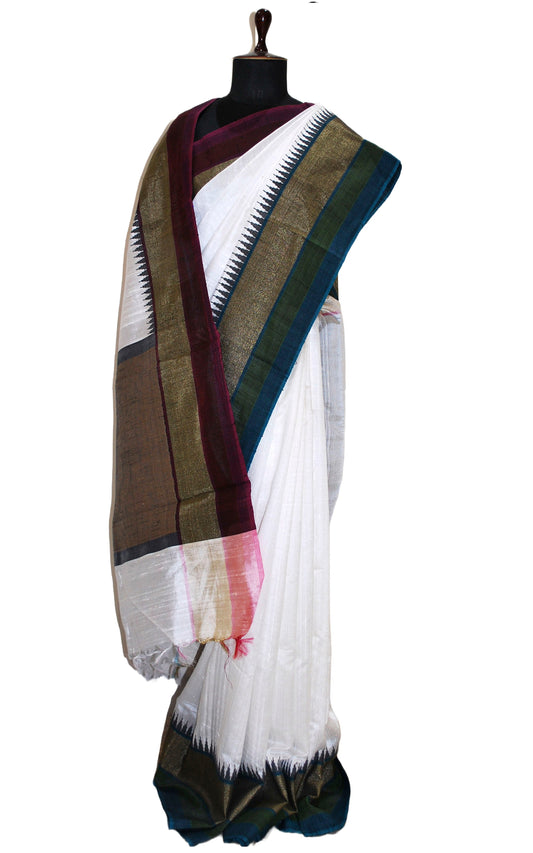 Metro Temple Border Handwoven Tussar Raw Silk Saree in White, Garnet, Dark Teal and Matt Gold with Rich Pallu