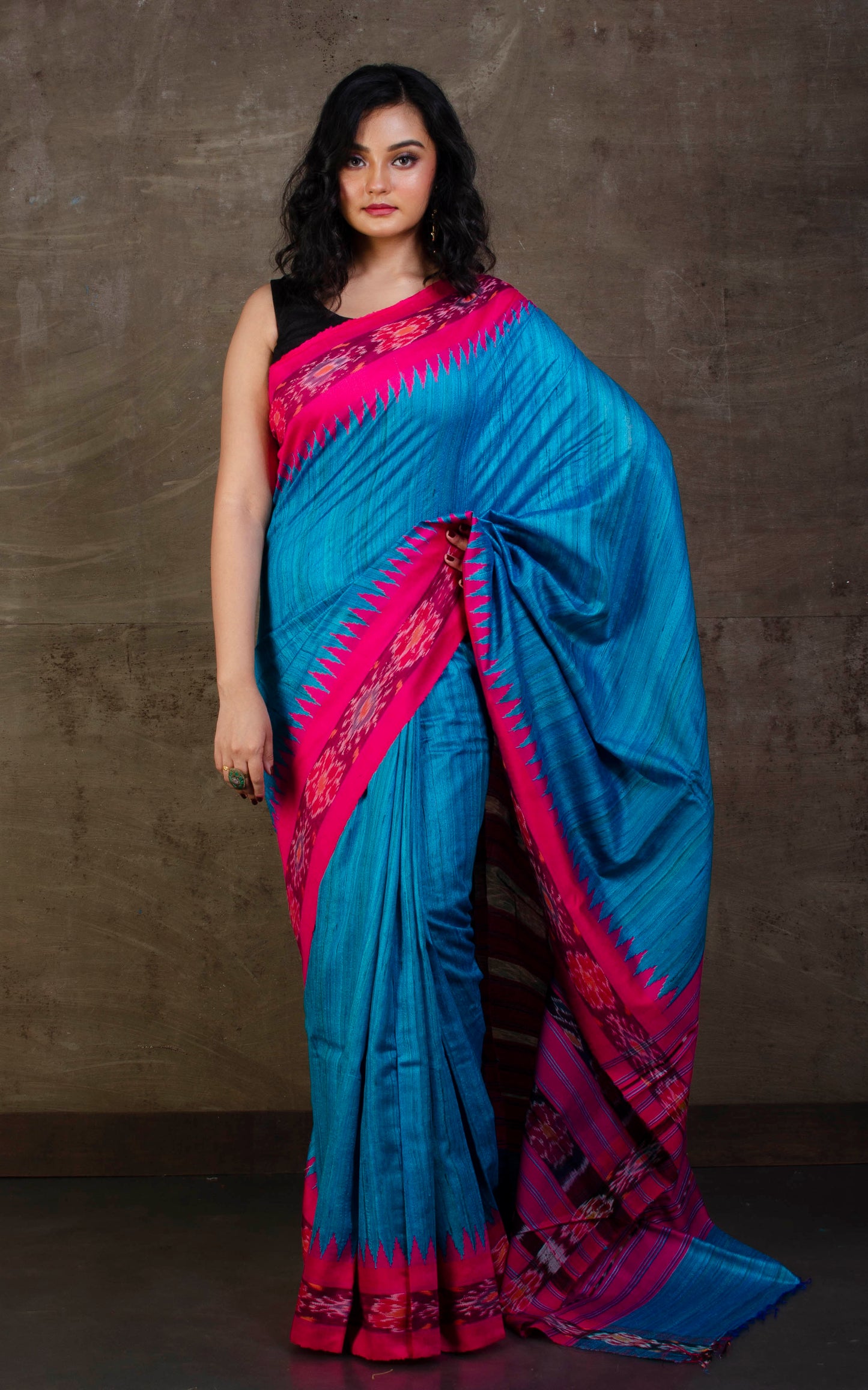 Tussar Sambalpuri Work Kotki Silk Saree in Egyptian Blue and Hot Pink
