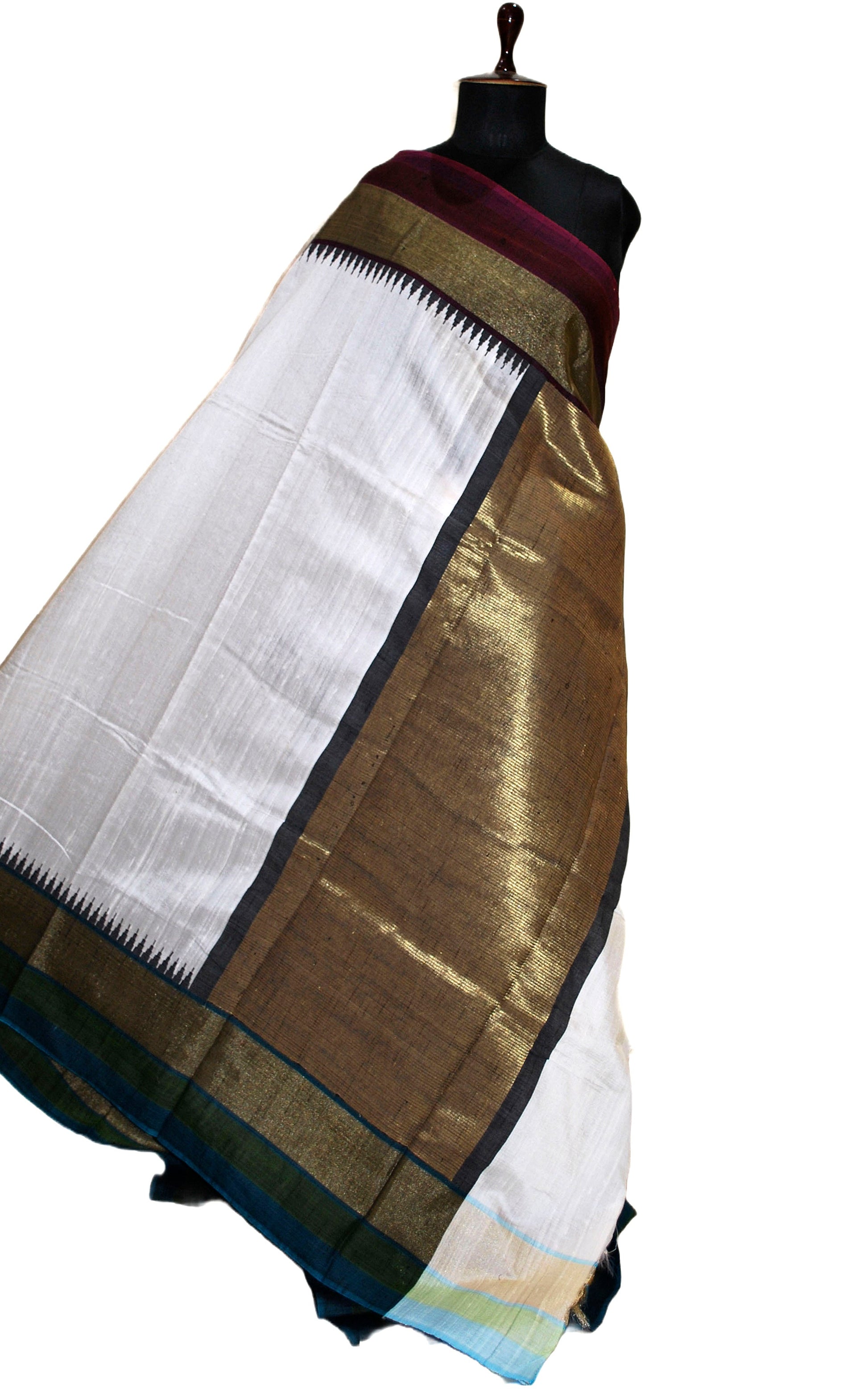 Metro Temple Border Handwoven Tussar Raw Silk Saree in White, Garnet, Dark Teal and Matt Gold with Rich Pallu