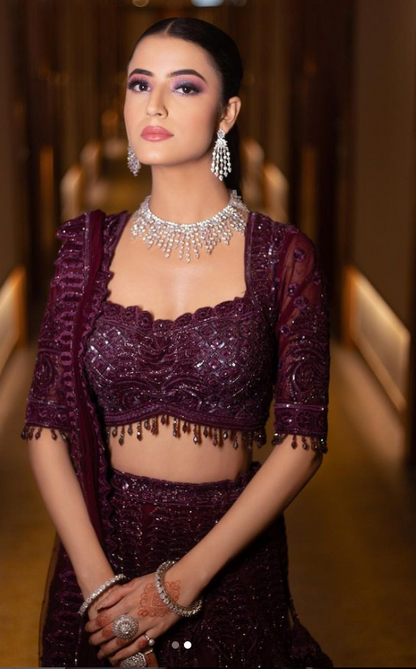 Wine Sequins Embroidery Soft Net Sangeet Lehenga