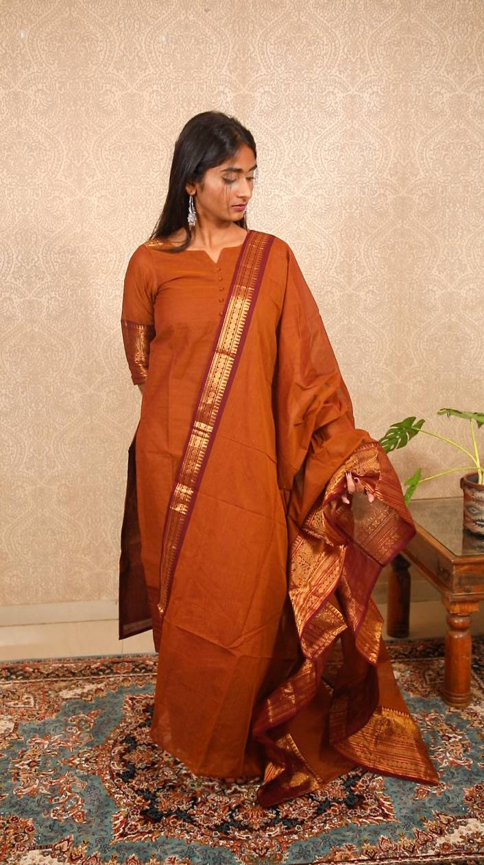 Geet - Kurti with dupatta in pure kanchi cotton in Brown color