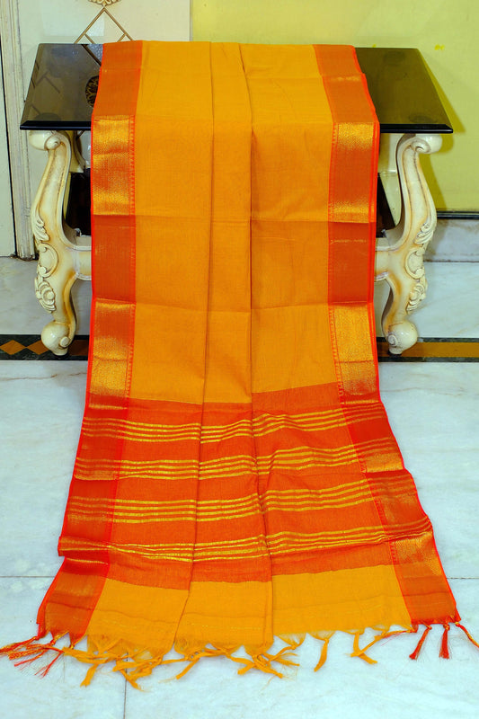 Self Woven Stripes Soft South Cotton Jacket Chatai Border Gadwal Saree in Mango Tango and Fire Orange