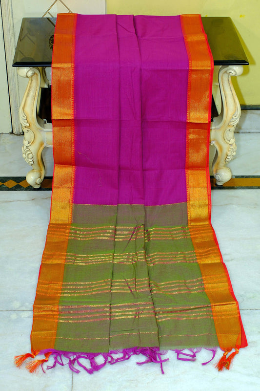 Self Woven Stripes Soft South Cotton Jacket Chatai Border Gadwal Saree in Purple, Moss Green and Red Orange
