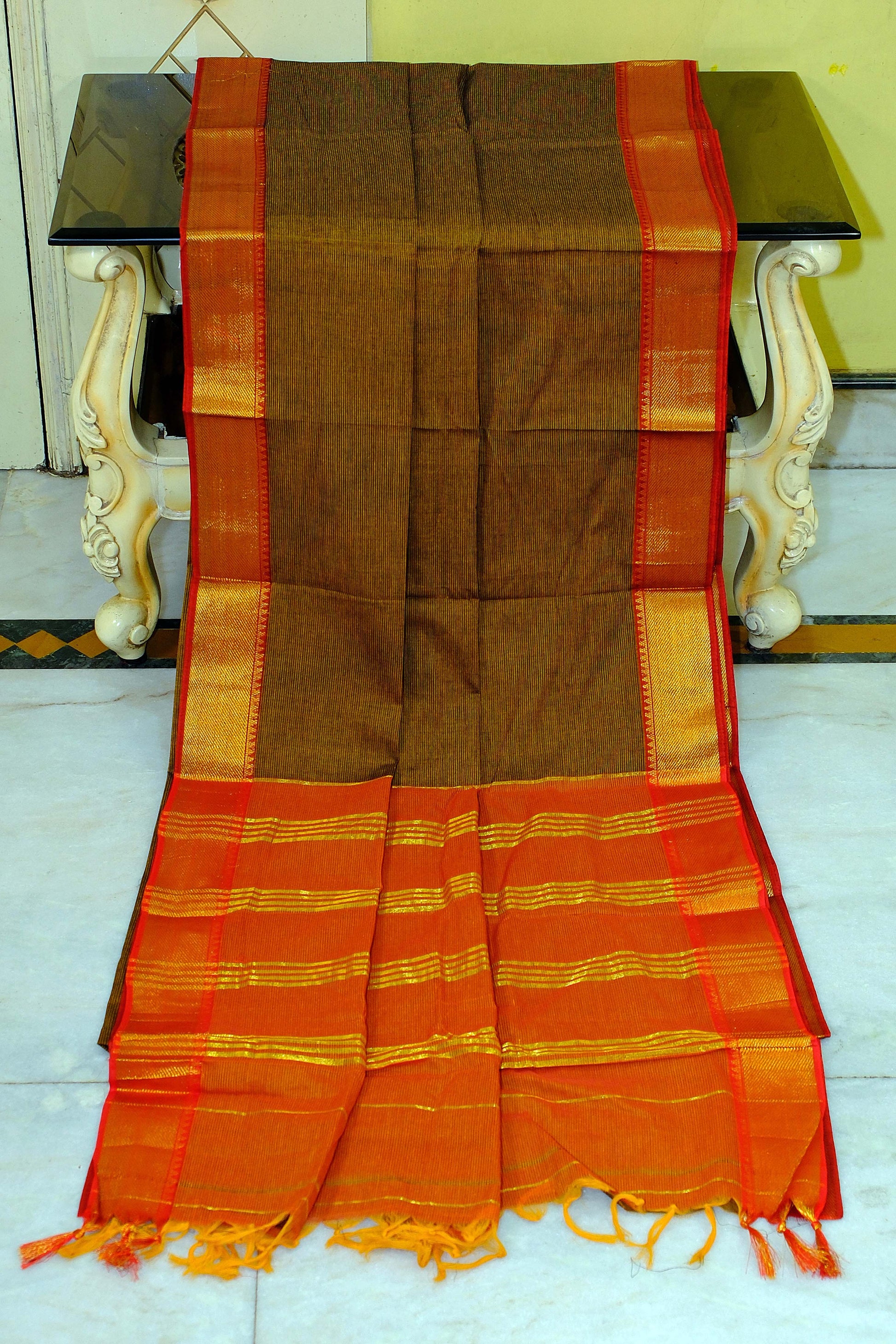 Self Woven Stripes Soft South Cotton Jacket Chatai Border Gadwal Saree in Snuff Brown and Rust Orange