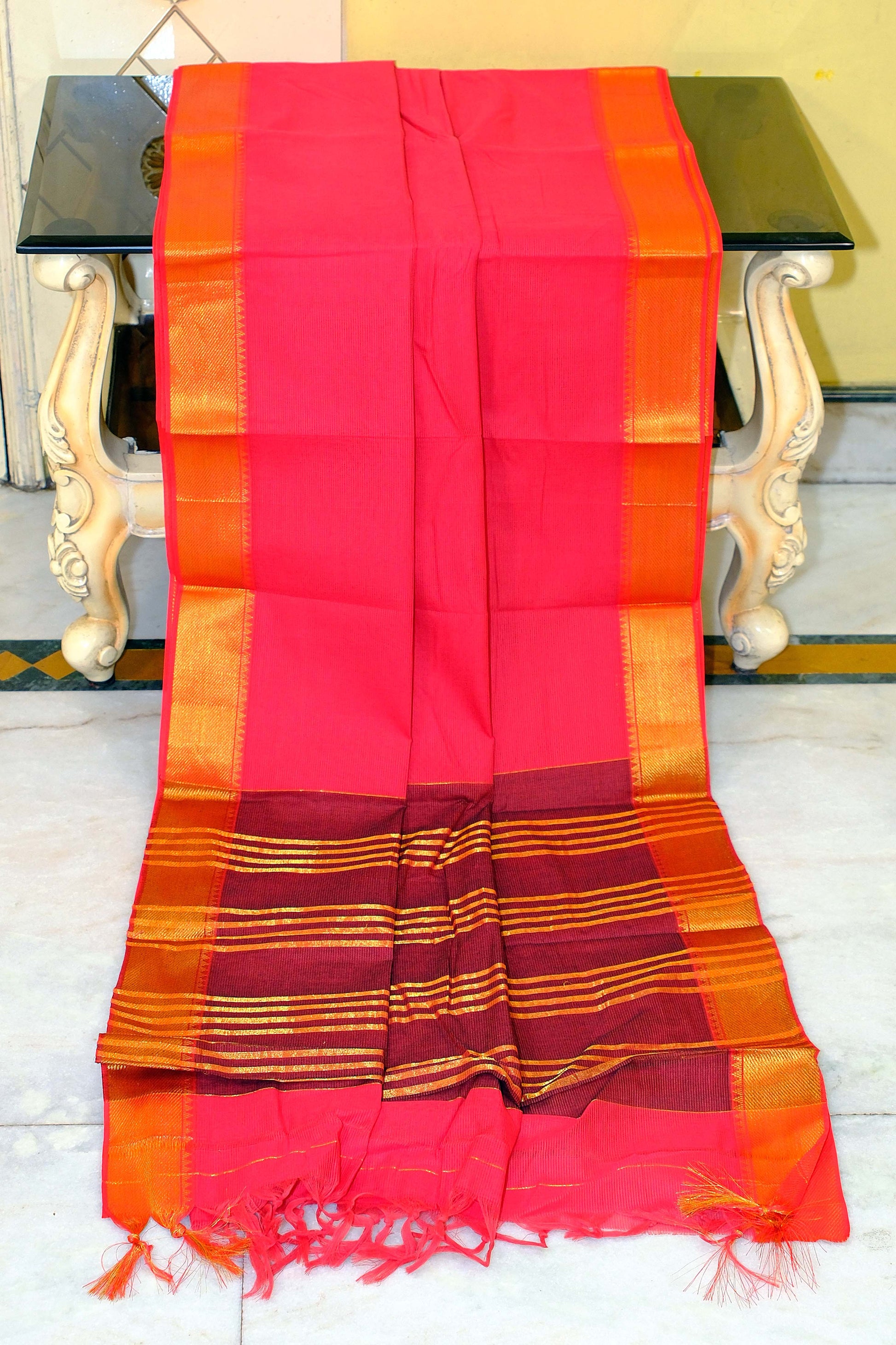 Self Woven Stripes Soft South Cotton Jacket Chatai Border Gadwal Saree in Radical Red and Fire Brick