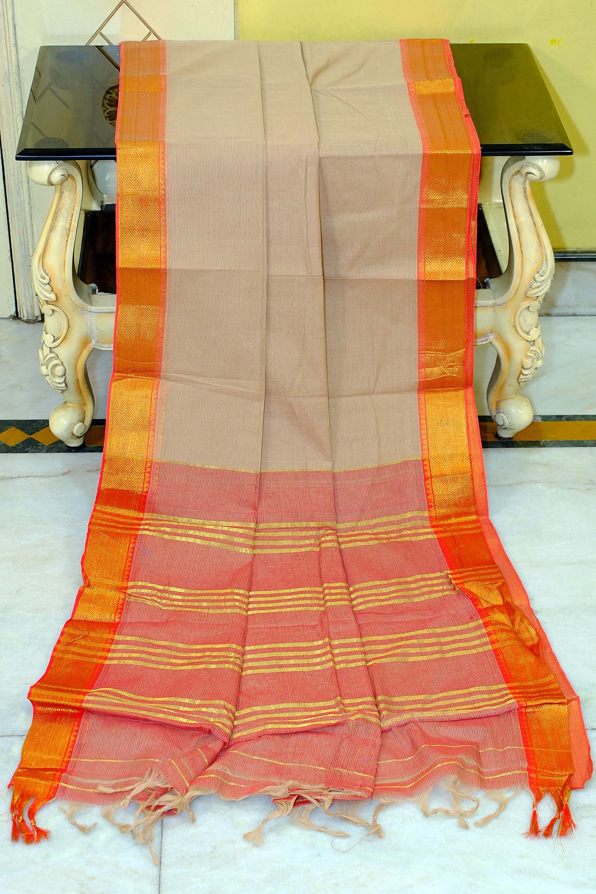 Self Woven Stripes Soft South Cotton Jacket Chatai Border Gadwal Saree in Cashmere, Geraldine and Safety Orange