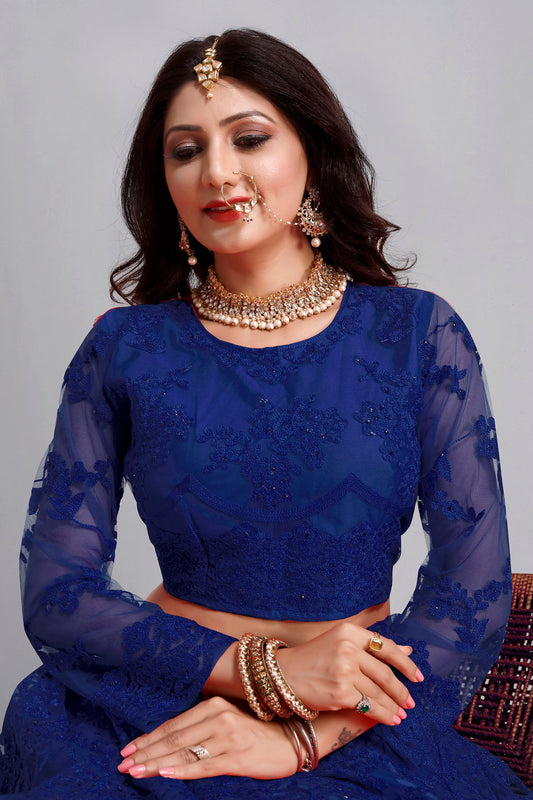 Navy Blue Color Embroidered Net Lehenga