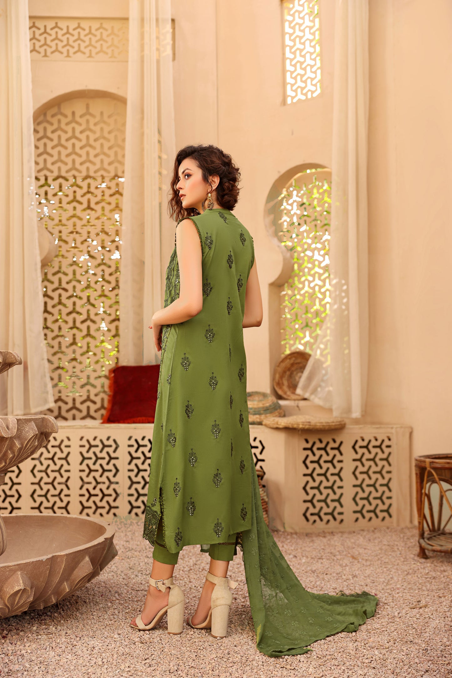 Green Color Chikankari Work Cotton Kurta Set for Mehendi