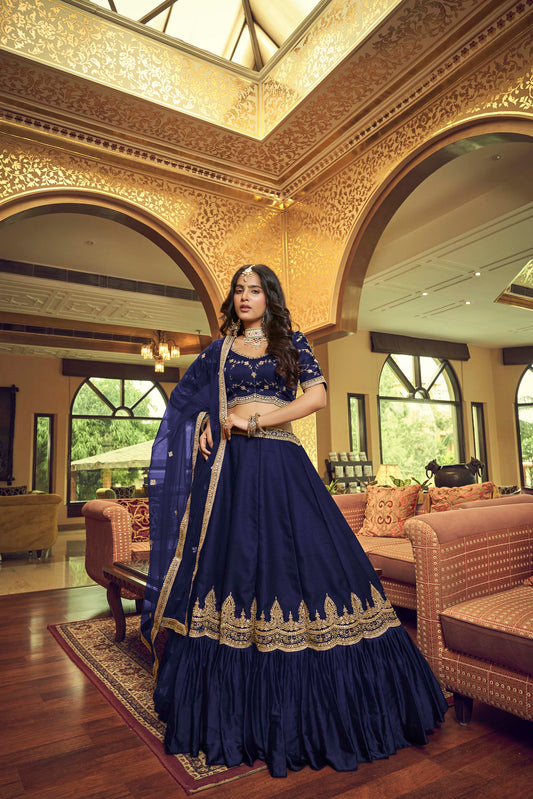 Fascinating Navy Blue Lino Silk Lehenga