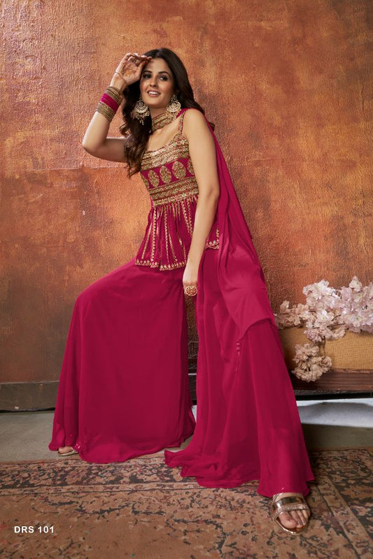 Designer Dark Pink Dress With Golden Thread Embroidery