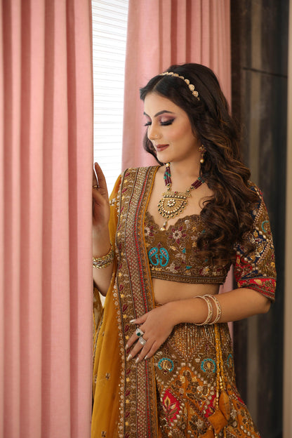 Designer Mustard Raw Silk and Organza Hand Embroidered Bridal Lehenga