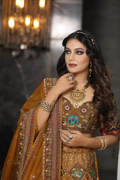 Designer Mustard Raw Silk and Organza Hand Embroidered Bridal Lehenga