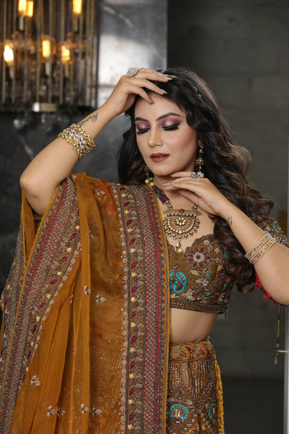 Designer Mustard Raw Silk and Organza Hand Embroidered Bridal Lehenga