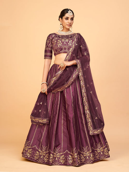Wine Color Silk Sequins Embroidery Lehenga for Wedding Guest 1001