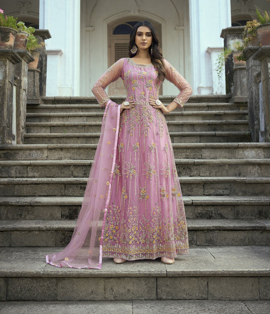 Pink Color Dori Embroidered Net Anarkali