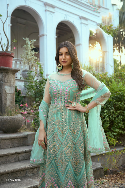 Green Color Dori Embroidered Net Anarkali