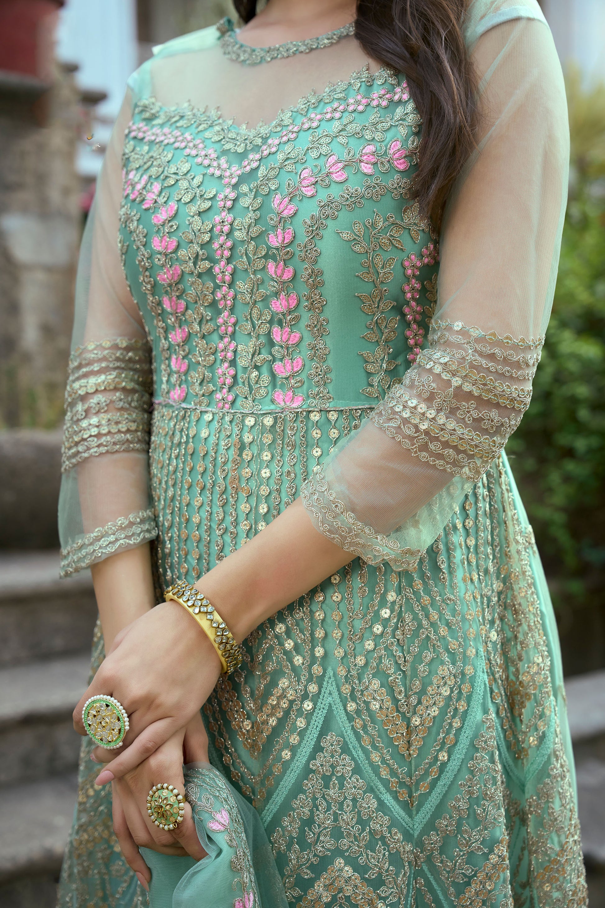 Green Color Dori Embroidered Net Anarkali
