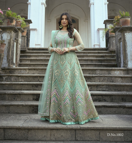 Green Color Dori Embroidered Net Anarkali