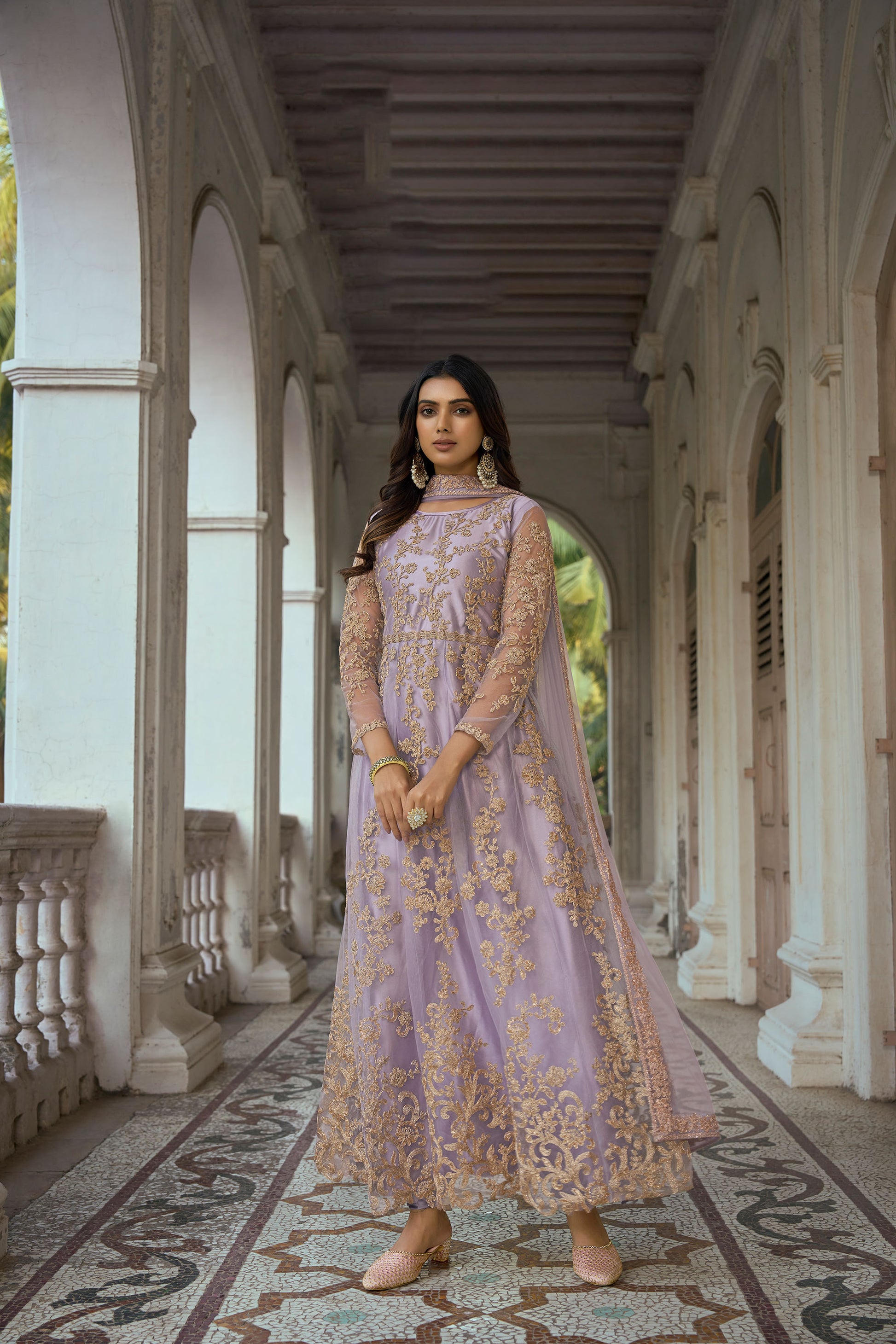 Purple Color Dori Embroidered Net Anarkali