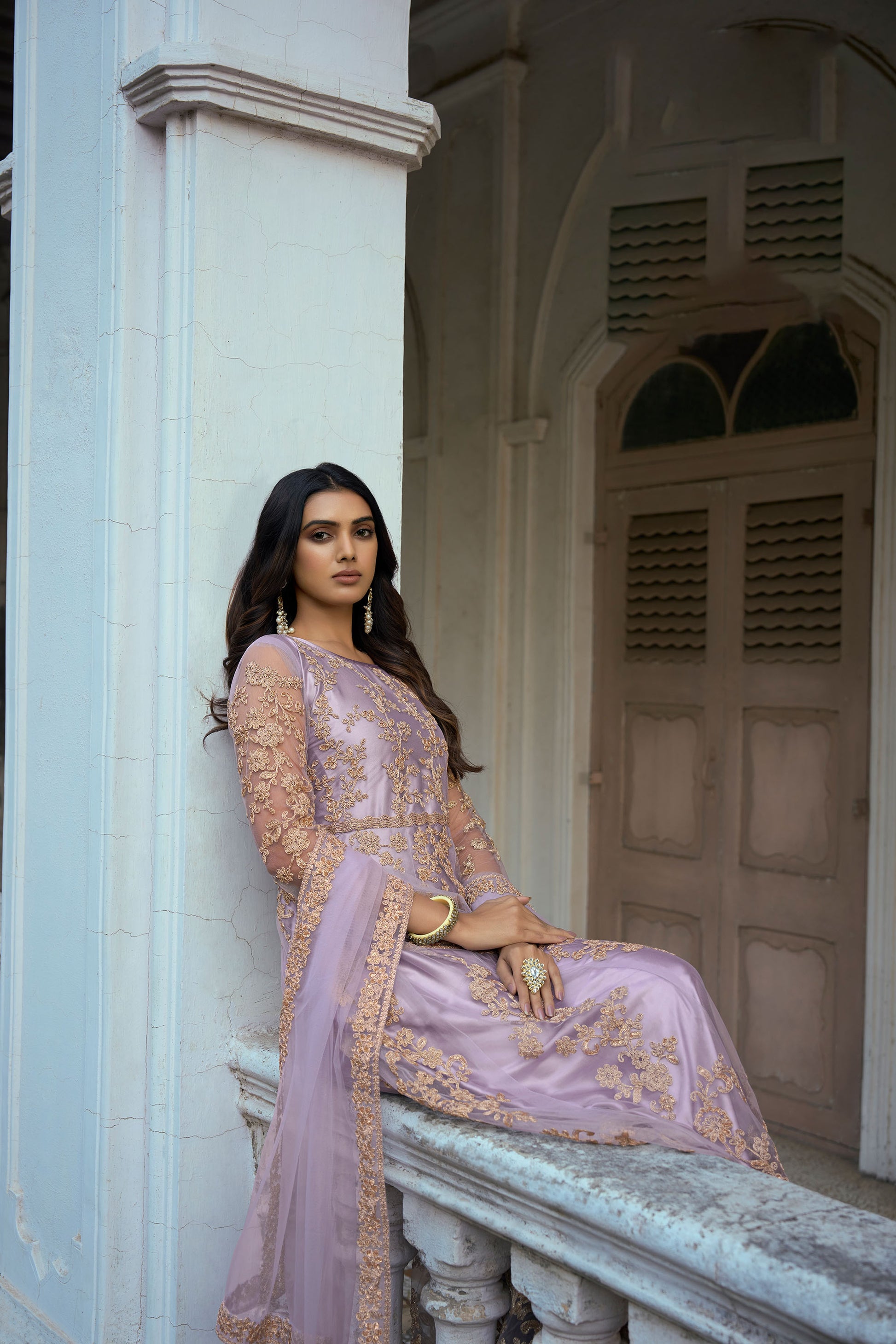 Purple Color Dori Embroidered Net Anarkali