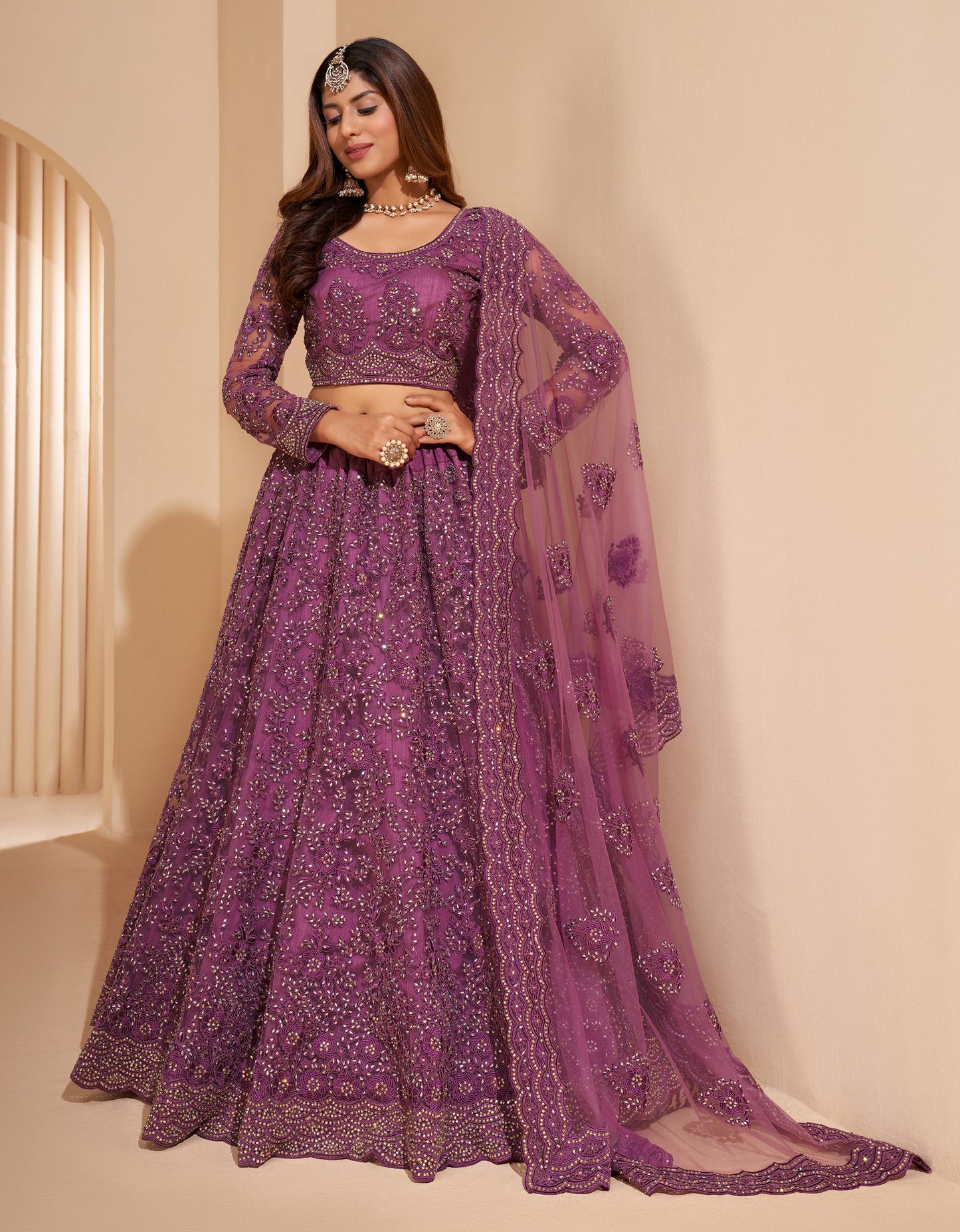 Wine Color Resham Embroidered Net Lehenga