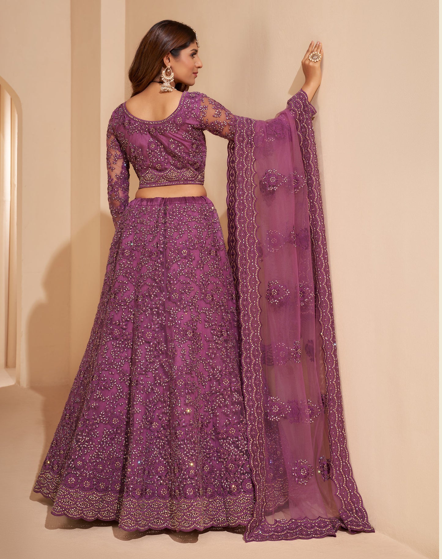 Wine Color Resham Embroidered Net Lehenga