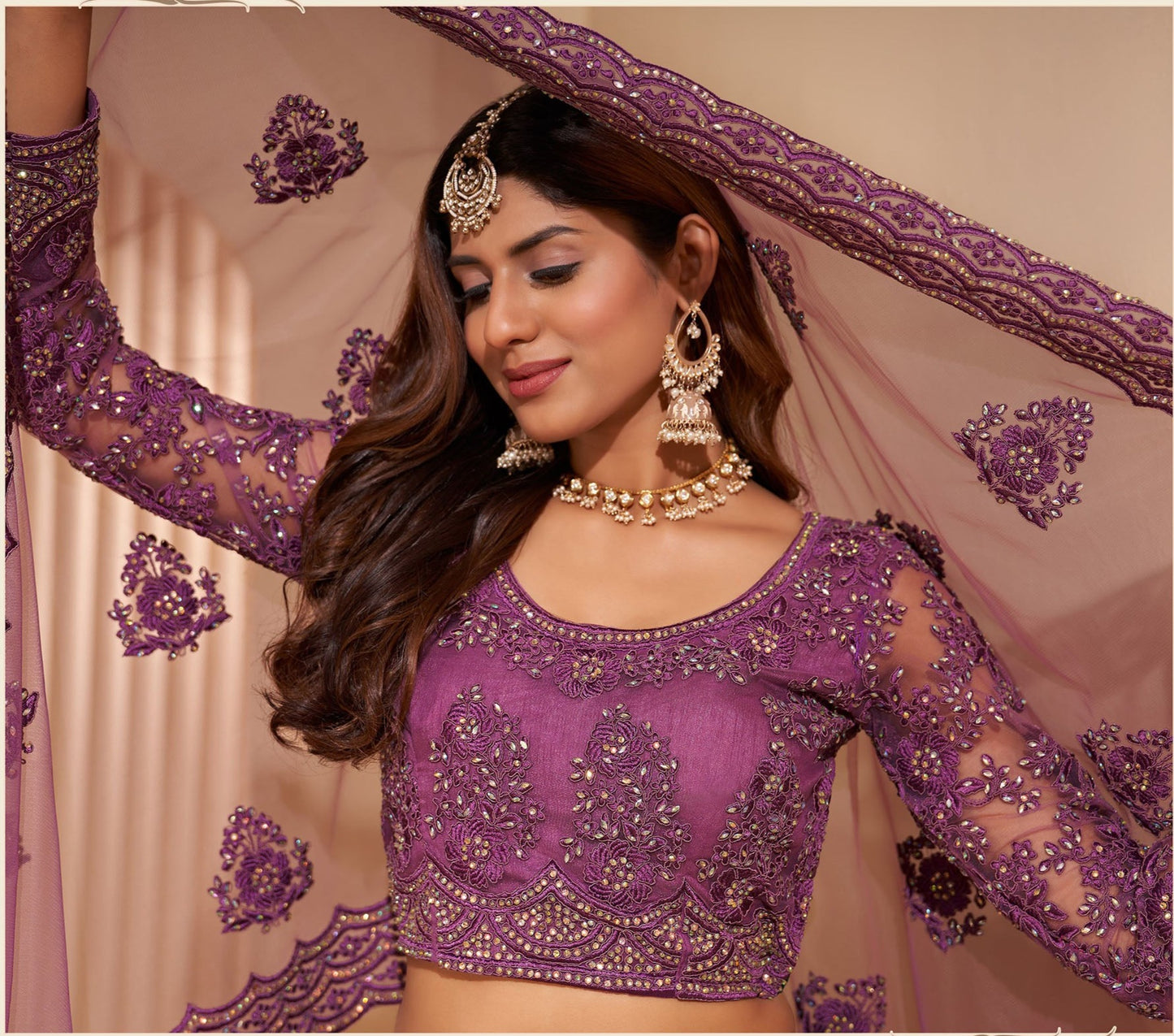 Wine Color Resham Embroidered Net Lehenga