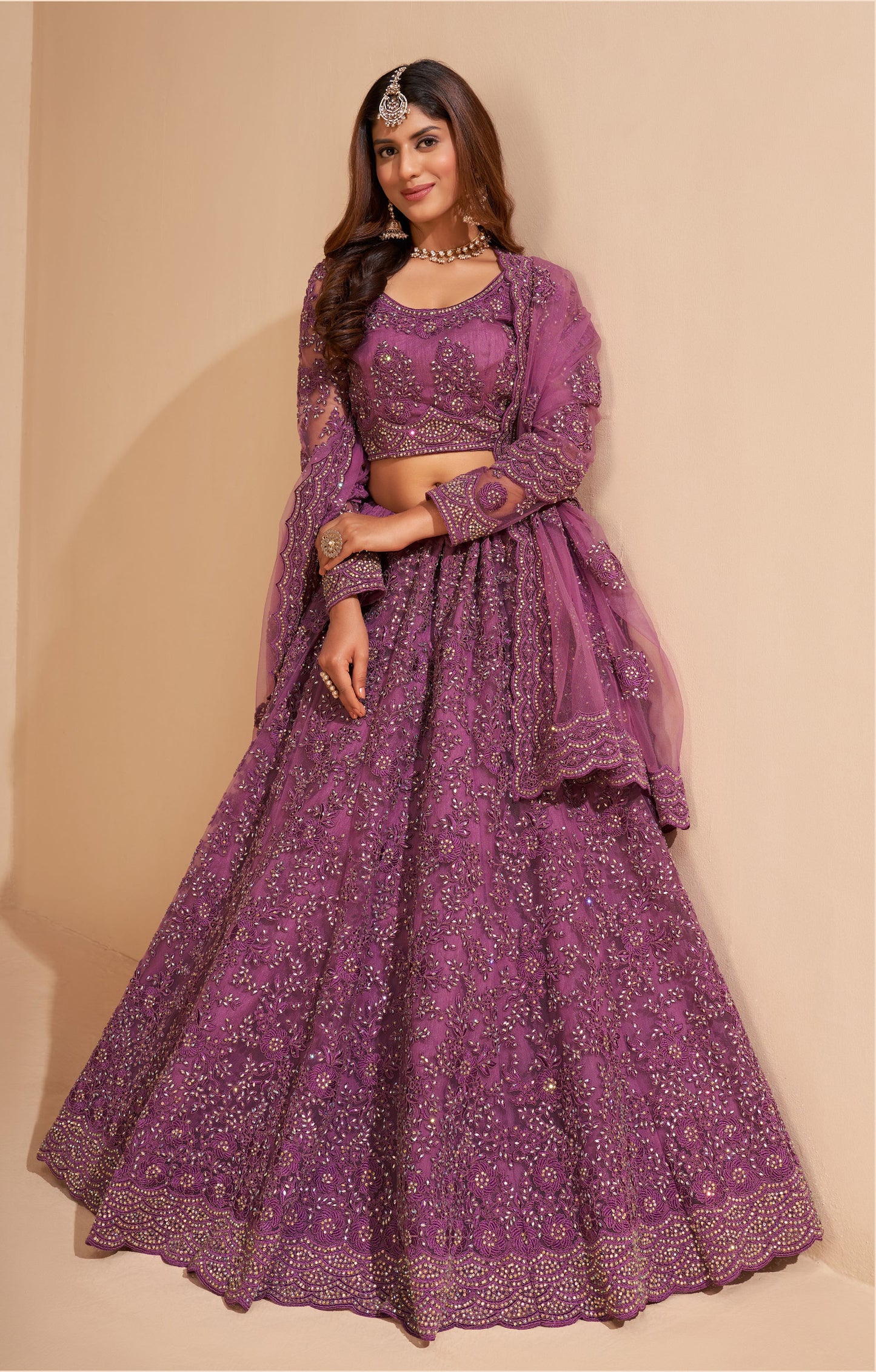 Wine Color Resham Embroidered Net Lehenga