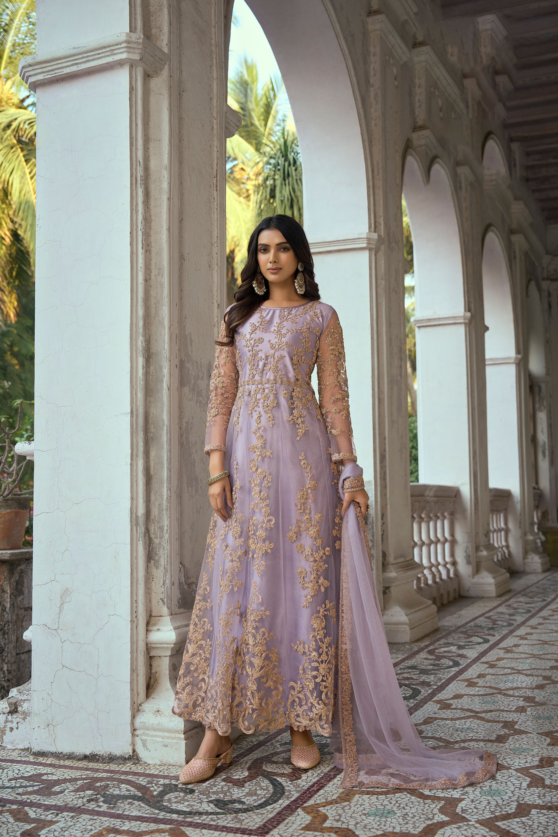 Purple Color Dori Embroidered Net Anarkali