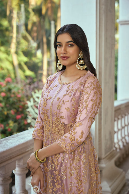 Dusty Pink Color Dori Embroidered Net Anarkali
