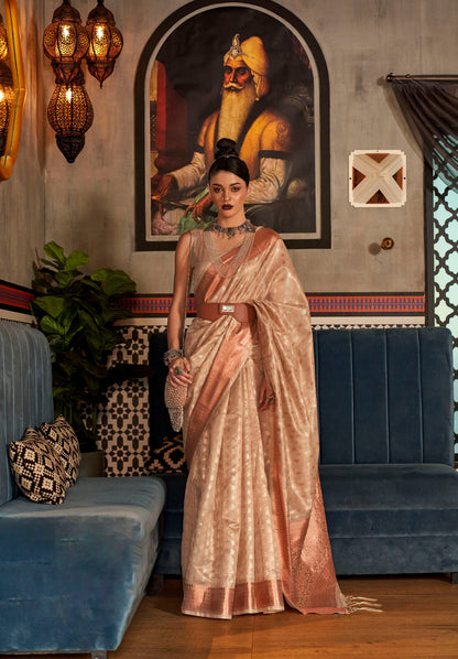 Beige Banarasi Woven Silk Saree