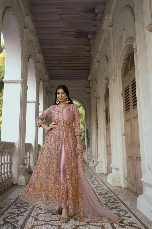 Dusty Pink Color Dori Embroidered Net Anarkali
