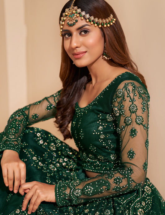 Dark Green Color Resham Embroidered Net Lehenga