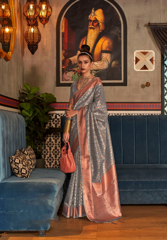Grey Zari Banarasi Woven Silk Saree