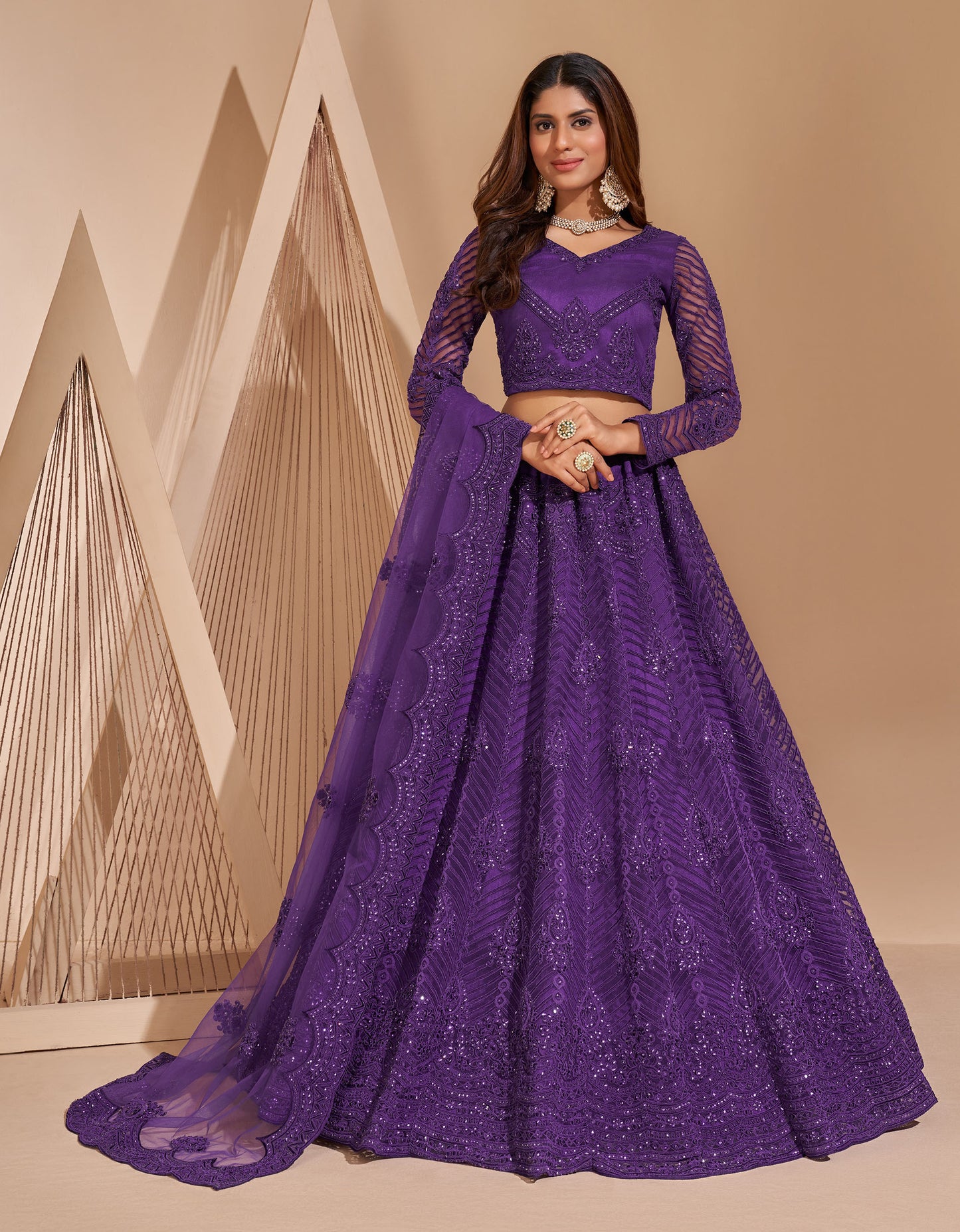 Purple Color Resham Embroidered Net Lehenga
